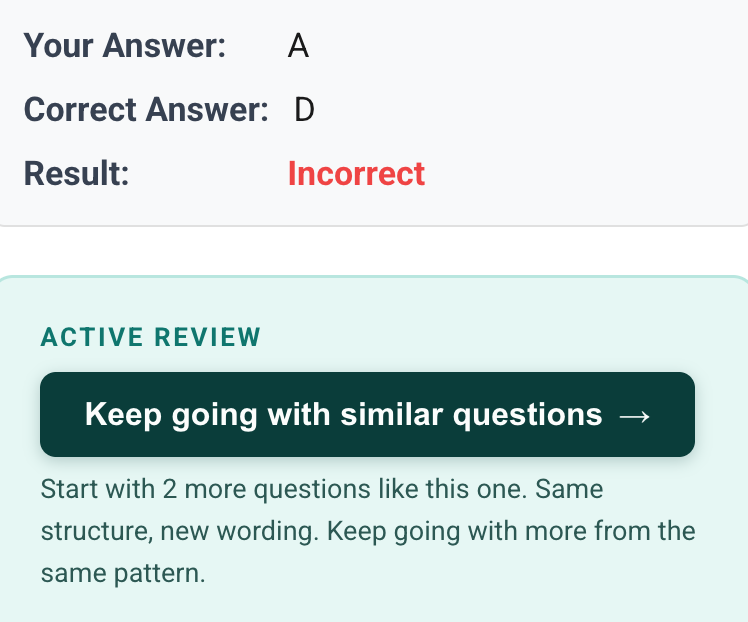 Active review UI suggesting two follow-up questions on the missed pattern